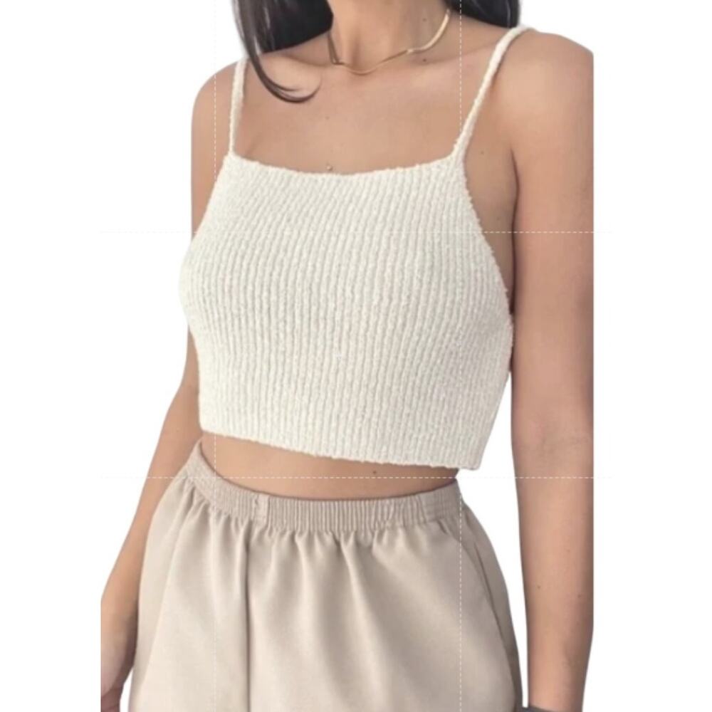 Zara Knit Women's Ribbed Crop Tank Top Cream Sleeveless Size S Chic Comfy‎